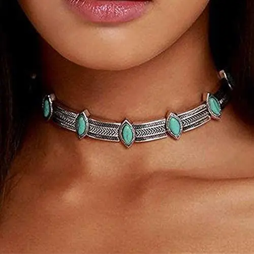 Boaccy Vintage Turquoise Necklaces Short Silver Choker Chain Jewelry for Women and Girls Boaccy Vintage Turquoise Necklaces Short Silver Choker Chain Jewelry for Women and Girls