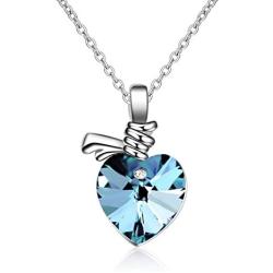 Women Ocean Heart Pendant Necklace, Heart Cut Crystal Simulated Aquamarine White Gold Plated Adjustable Chain Jewelry for Birthday Party Wedding Engagement Xmas Gift