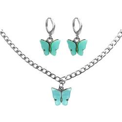 Color Butterfly Earring Ear Clip Ear Stud Necklace Set Acrylic Woman Girl Fashion Jewelry Valentine Gift Birthday Gift Party Gift (Light Blue Butterfly Necklace)