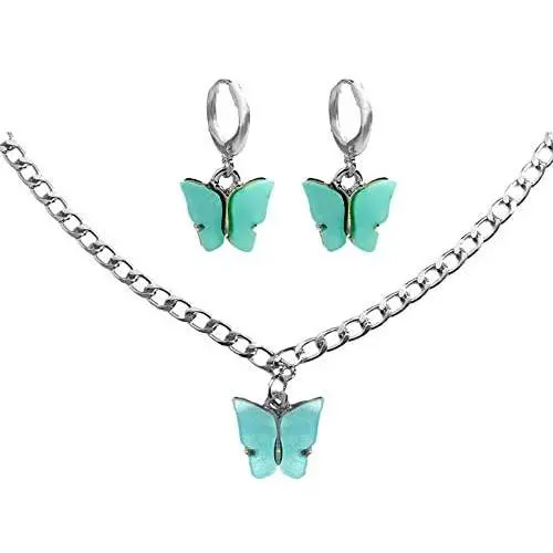 Color Butterfly Earring Ear Clip Ear Stud Necklace Set Acrylic Woman Girl Fashion Jewelry Valentine Gift Birthday Gift Party Gift (Light Blue Butterfly Necklace) Color Butterfly Earring Ear Clip Ear Stud Necklace Set Acrylic Woman Girl Fashion Jewelry Valentine Gift Birthday Gift Party Gift (Light Blue Butterfly Necklace)