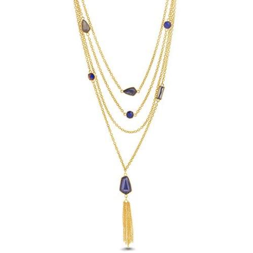 CATHERINE MALANDRINO 18-27 Inch Multi-Colored Station Rolo Chain with Tassel Yellow Gold-Tone Layered Necklace for Women