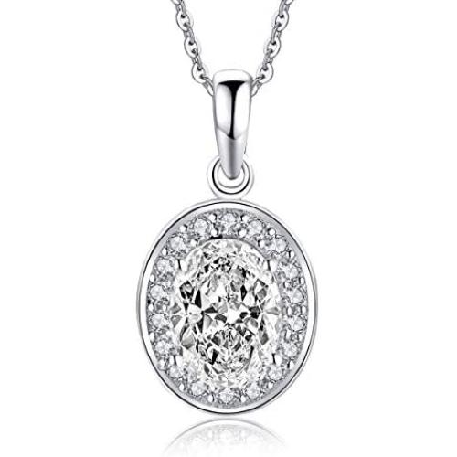 AINUOSHI Oval Cut Rhodium Plated Sterling Silver Cubic Zirconia CZ Halo Anniversary Pendant Necklace