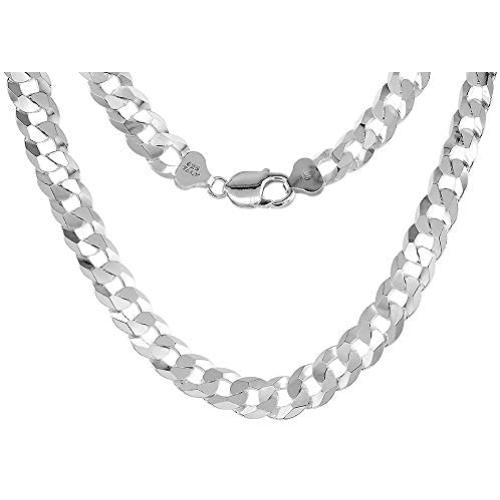 11mm Sterling Silver Flat Curb Chain Necklaces & Bracelets for Men Beveled Edges Nickel Free Italy, Sizes 8-28 inch