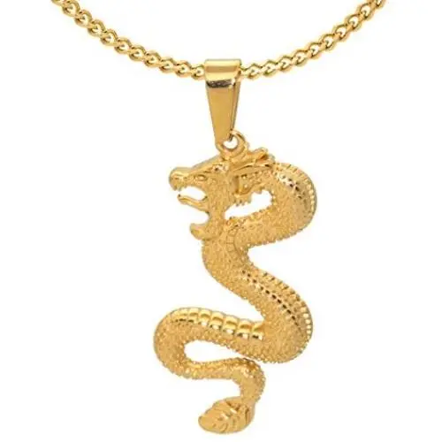 Fusamk Hip Hop Plated 18K Gold Stainless Steel Dragon Pendant Necklace Fusamk Hip Hop Plated 18K Gold Stainless Steel Dragon Pendant Necklace
