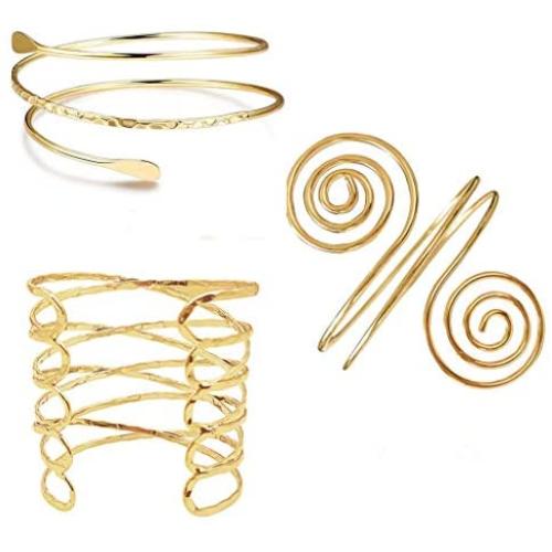 The Woos 3 Pcs Coil Upper Arm Cuff Open Arm Bracelet Gold Tone Adjustable Metal Punk Filigree Swirl Boho Armband Bangle Arm Band Jewelry
