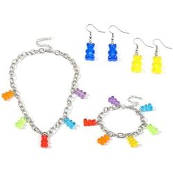 Gummy Bear Necklace Bracelet Set Colorful Multicolor Transparent Resin Bear Earring Cartoon Cute Candy Crazy Aesthetic Pendant Necklace for Girls Women Jewelry