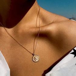 GDCOIN Coin Necklace for Women Gold Round Medal Carved Patterned 14K Gold Plated Simple Personalized Vintage Jewelry