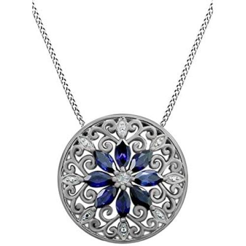Jewel Zone US 925 Sterling Silver Simulated Blue Sapphire & Natural Diamond Filigree Medallion Pendant Necklace