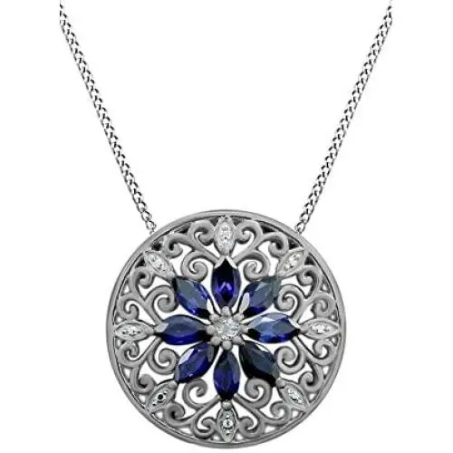 Jewel Zone US 925 Sterling Silver Simulated Blue Sapphire & Natural Diamond Filigree Medallion Pendant Necklace Jewel Zone US 925 Sterling Silver Simulated Blue Sapphire & Natural Diamond Filigree Medallion Pendant Necklace