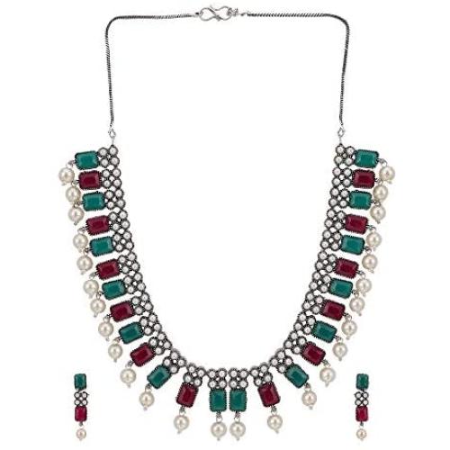Efulgenz Boho Vintage Antique Ethnic Gypsy Indian Oxidized Silver Crystal Cubic Zirconia Bridal Necklace Earrings Jewelry Set