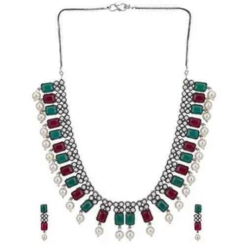 Efulgenz Boho Vintage Antique Ethnic Gypsy Indian Oxidized Silver Crystal Cubic Zirconia Bridal Necklace Earrings Jewelry Set