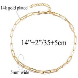 kelistom 14K Gold Plated Paper Clip Link Chain Choker Necklace for Women Teen Girls, 5mm Copper Oval Rectangle Link Chain Necklace Bracelet, 14”+2” Extension