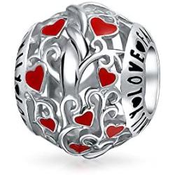 Red Silver Round I Love You Word Filigree Red Hearts Charm Bead For Women Teen .925 Sterling Silver Fits European Charm Bracelet