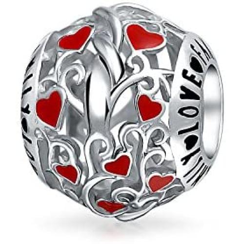 Red Silver Round I Love You Word Filigree Red Hearts Charm Bead For Women Teen .925 Sterling Silver Fits European Charm Bracelet