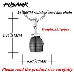 Fusamk Hip Hop Stainless Steel Grenade Pendant Charm Necklace with 24'' Box Chain