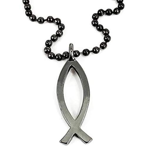 FORGIVEN JEWELRY Jesus Fish Large Ichthus GunmetalColor Finish Necklace