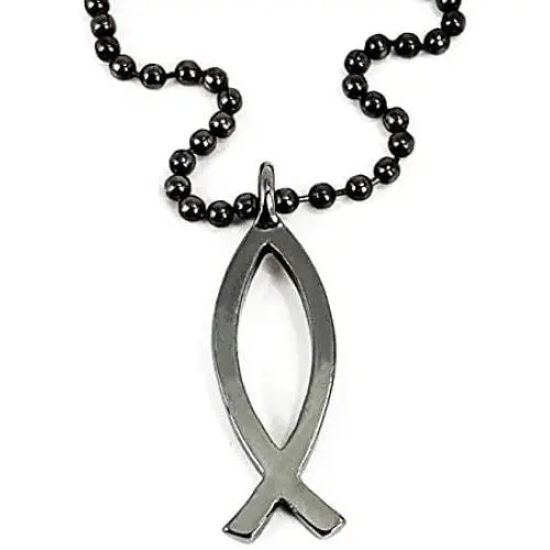 FORGIVEN JEWELRY Jesus Fish Large Ichthus GunmetalColor Finish Necklace