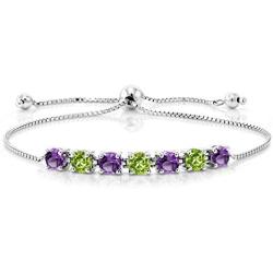 Gem Stone King 925 Sterling Silver Purple Amethyst and Green Peridot Tennis Adjustable Bracelet For Women, 2.67 Ct Round Cut