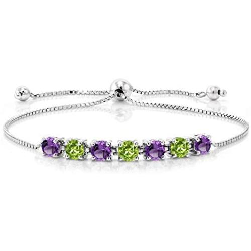 Gem Stone King 925 Sterling Silver Purple Amethyst and Green Peridot Tennis Adjustable Bracelet For Women, 2.67 Ct Round Cut