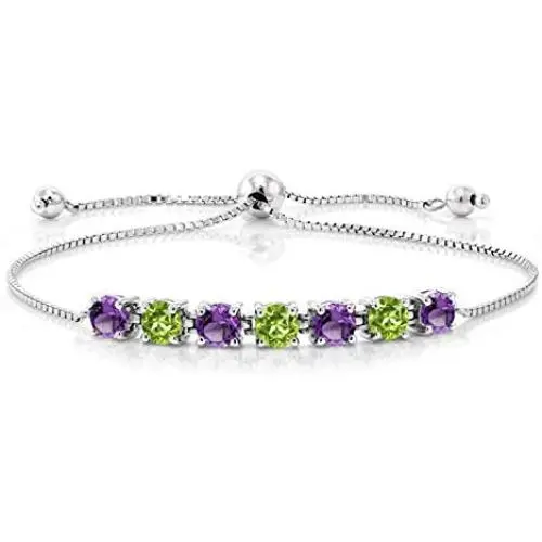 Gem Stone King 925 Sterling Silver Purple Amethyst and Green Peridot Tennis Adjustable Bracelet For Women, 2.67 Ct Round Cut Gem Stone King 925 Sterling Silver Purple Amethyst and Green Peridot Tennis Adjustable Bracelet For Women, 2.67 Ct Round Cut