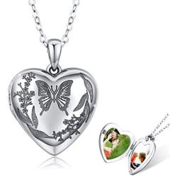 Locket Necklace That Holds Pictures 925 Sterling Silver Vintage Oxidized Butterfly Flower Photo Locket Heart Pendant Jewelry Gifts for Women Birthday Mothers Day