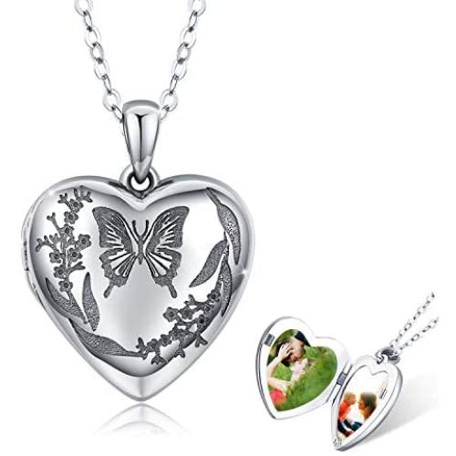 Locket Necklace That Holds Pictures 925 Sterling Silver Vintage Oxidized Butterfly Flower Photo Locket Heart Pendant Jewelry Gifts for Women Birthday Mothers Day