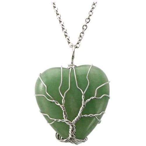 Top Plaza Natural Green Aventurine Healing Crystals Necklace Silver Tree of Life Wire Wrapped Heart Shape Stone Pendant for Womens Girls Ladies