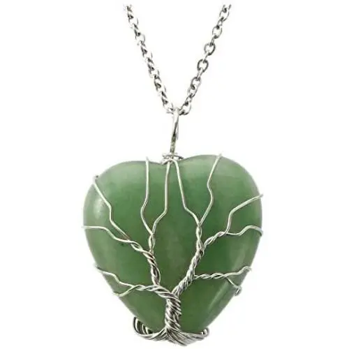 Top Plaza Natural Green Aventurine Healing Crystals Necklace Silver Tree of Life Wire Wrapped Heart Shape Stone Pendant for Womens Girls Ladies