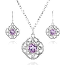 Sterling Silver Gemstone Cushion-Cut Celtic Knot Pendant Necklace and Dangle Earrings Set