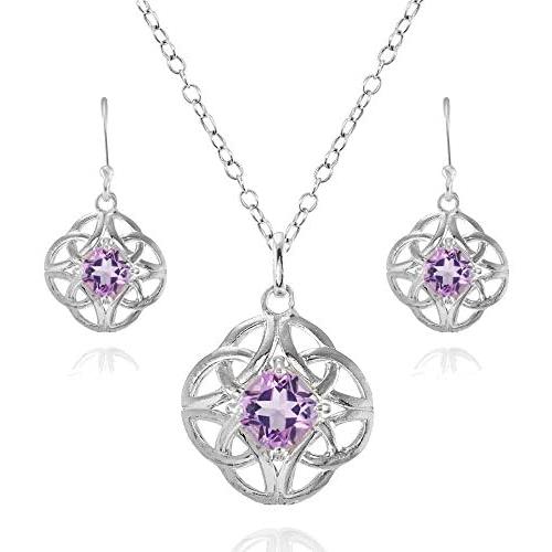Sterling Silver Gemstone Cushion-Cut Celtic Knot Pendant Necklace and Dangle Earrings Set