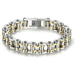 León Jewelry Cool Heavy Duty Bike Chain Motorcycle Link Biker Bracelet Link Stainless Steel Two Tone Fashion Cuff Bangle Wristband