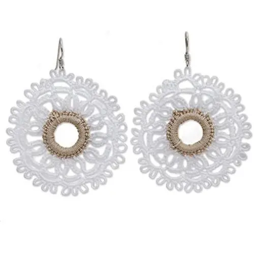 NOVICA Crochet Cotton Dangle Earrings with .925 Sterling Silver Hooks White Doily
