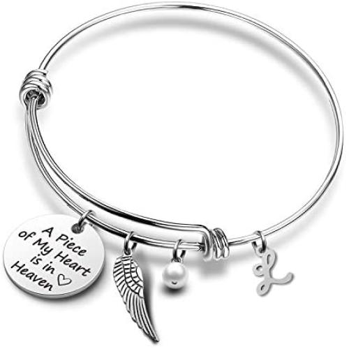 Memorial Initial Bracelet Sympathy Gifts A Piece of My Heart is in Heaven Memory Jewelry with Initial Loss Condolences Gifts