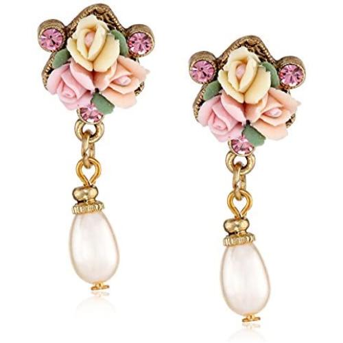 1928 Jewelry Gold-Tone Crystal Pink Porcelain Rose Simulated Pearl Drop Earrings