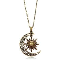 MIXIA Vintage Bronze Crescent Moon and Sun Pendant Necklace Retro Swirl Filigree Unisex Jewelry Gifts