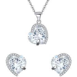 EleQueen Womens Heart Jewelry Set S925 Sterling Silver Cubic Zirconia Love Heart Bridal Pendant Necklace Stud Earrings