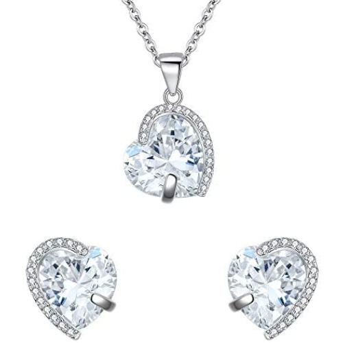 EleQueen Womens Heart Jewelry Set S925 Sterling Silver Cubic Zirconia Love Heart Bridal Pendant Necklace Stud Earrings