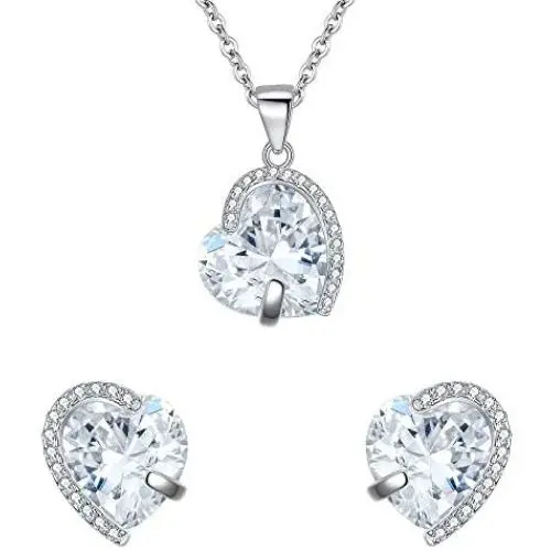 EleQueen Womens Heart Jewelry Set S925 Sterling Silver Cubic Zirconia Love Heart Bridal Pendant Necklace Stud Earrings EleQueen Womens Heart Jewelry Set S925 Sterling Silver Cubic Zirconia Love Heart Bridal Pendant Necklace Stud Earrings