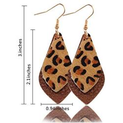 Senteria Genuine Leather Leopard Earrings Set Lightweight Double Layer Teardrop Petal Leaf Leather Dangle Earrings Bohemian Leather Drop Earring for Women Jewelry