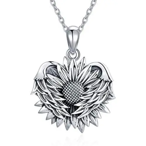 MBSUUH 925 Sterling Silver Oxidation Retro Sunflower Angle Wing Heart Necklace Vintage Pendant Valentines Day Present for Girlfriend-You are My Sunshine