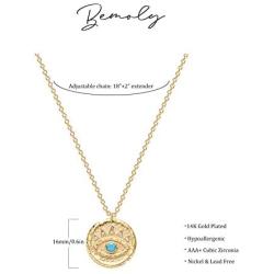 Bemoly 14K Gold Evil Eye Necklace for Women Dainty Turquoise Eye with Tiny Cubic Zirconia Coin Pendant Boho Minimalist Lucky Jewelry Gift