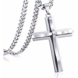 Hermah Mens Women Jewelry Gold Black Silver Cross Pendant Necklace Stainless Steel Curb Cuban Link Chain 18-24inch