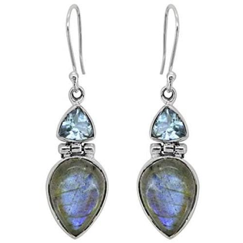 YoTreasure 1.65'' Labradorite Blue Topaz Sterling Silver Dangle Earrings