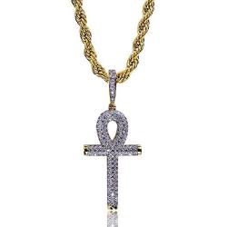 TOPGRILLZ 14K Gold Plated Iced Out CZ Lab Diamond Ankh Cross Egyptian Pendant for Men and Women with 24'' Stainless Steel Chain Necklace