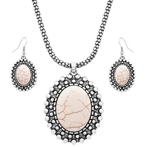 Rosemarie & Jubalee Womens Western Style Silver Tone Concho Medallion with Natural Howlite Necklace Earrings Set, 26''-29'' with 3'' Extension