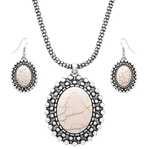 Rosemarie & Jubalee Womens Western Style Silver Tone Concho Medallion with Natural Howlite Necklace Earrings Set, 26''-29'' with 3'' Extension