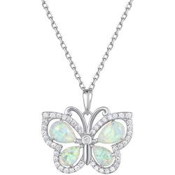 FANCIME Valentines Day Gifts 925 Sterling Silver White Created Opal Butterfly Necklace Cubic Zirconia CZ Fine Jewelry Gifts For Women Girls 16+2'' Extender (Butterfly)