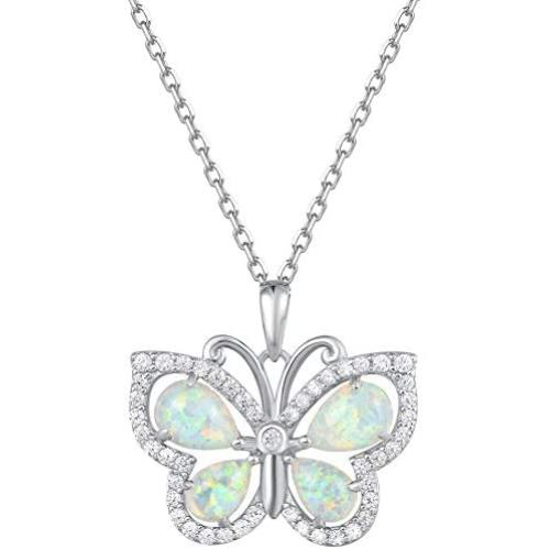 FANCIME Valentines Day Gifts 925 Sterling Silver White Created Opal Butterfly Necklace Cubic Zirconia CZ Fine Jewelry Gifts For Women Girls 16+2'' Extender (Butterfly)