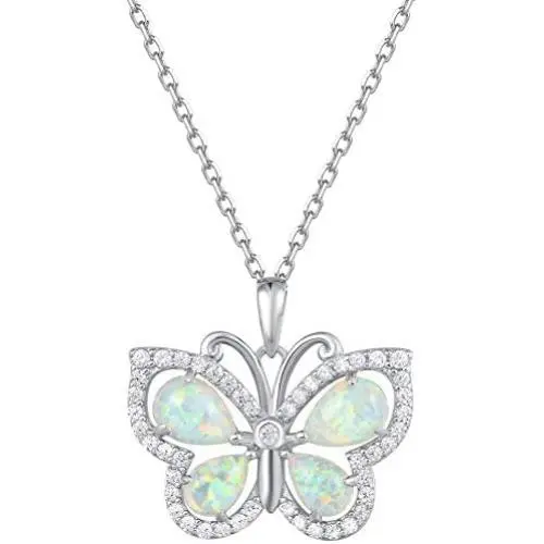FANCIME Valentines Day Gifts 925 Sterling Silver White Created Opal Butterfly Necklace Cubic Zirconia CZ Fine Jewelry Gifts For Women Girls 16+2'' Extender (Butterfly)