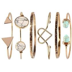 Chrontier Women Girls Boho Style Inspirational Bracelet Set Quote Engraved Multi-Layer Stackable Open Cuff Bangle Bracelets Friend Sister Gift Birthday Gold Plated Love Knot Triangle